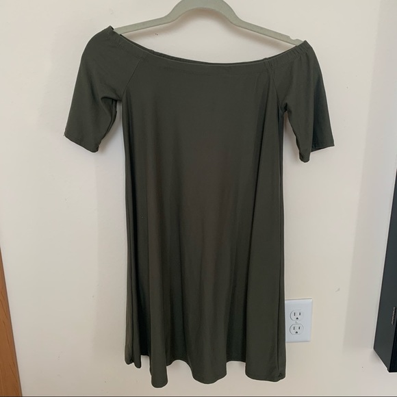 Olive Green Open Shoulder Dress - Picture 1 of 3